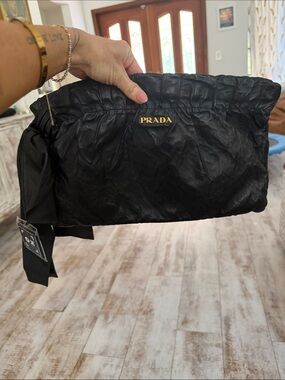Prada Black Gathered Leather Clutch with Gold Logo Accent